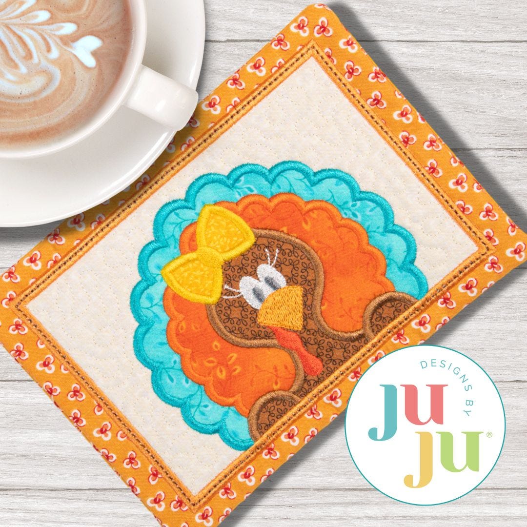ITH Peeking Turkey Girl Mug Rug | Machine Embroidery Designs by JuJu
