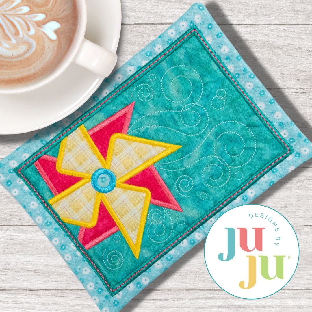 ITH Whimsical Pinwheel Mug Rug | Machine Embroidery Designs by JuJu