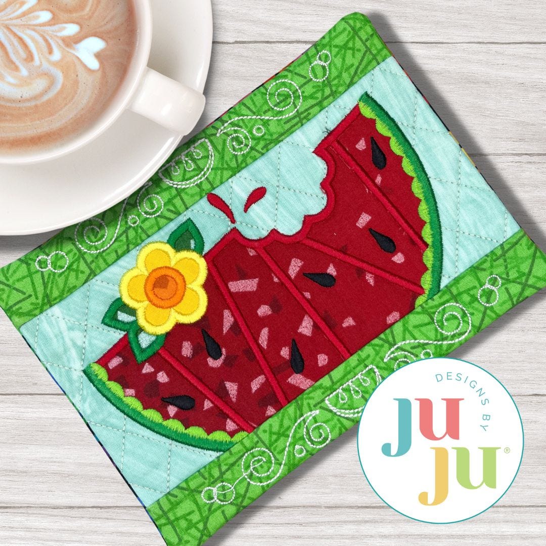 ITH Whimsical Watermelon Mug Rug | Machine Embroidery Designs by JuJu