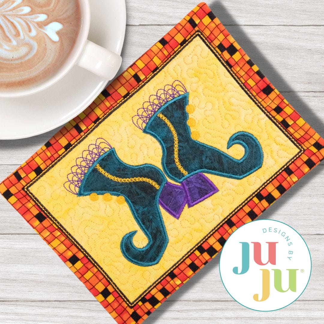 ITH Witch Boots Mug Rug | Machine Embroidery Designs by JuJu