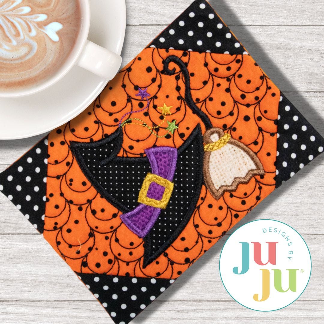 ITH Witch Hat Broom Mug Rug | Machine Embroidery Designs by JuJu
