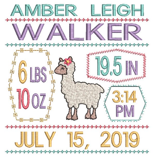 Llama Birth Announcement Template | Machine Embroidery Designs by JuJu