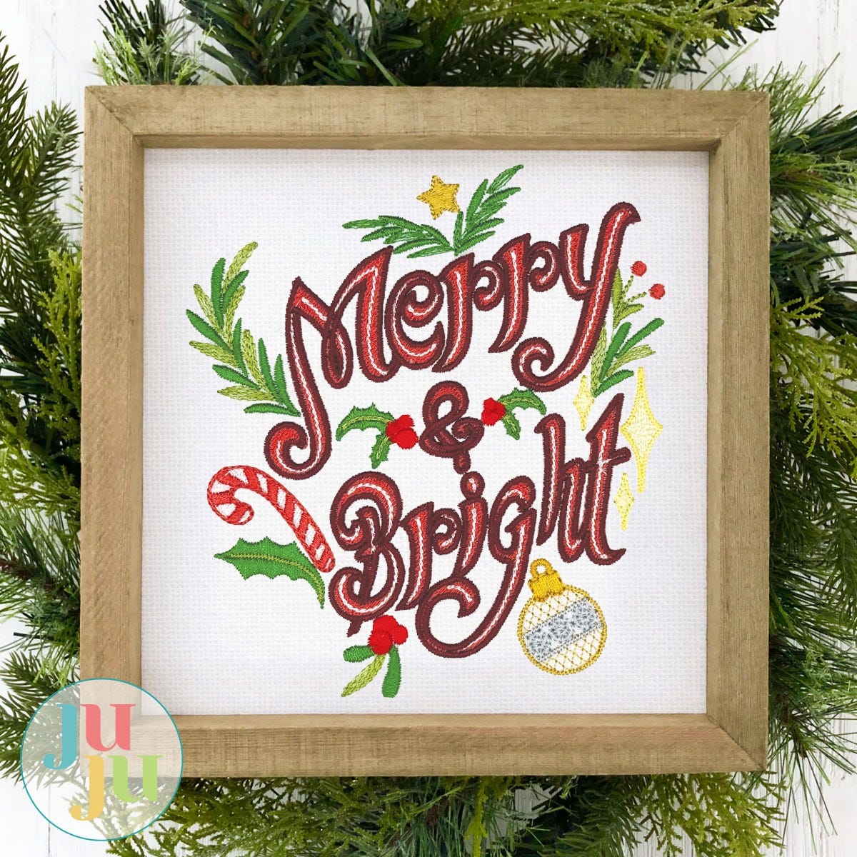 Merry And Bright Christmas Word Art Embroidery Design | Designs by JuJu
                            