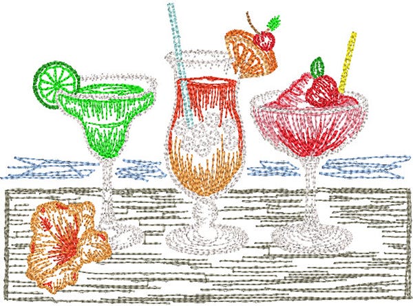 Seaside Cocktails Vintage Sketch | Machine Embroidery Designs by JuJu