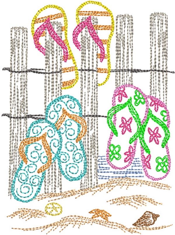 Seaside Flip Flops Vintage Sketch | Machine Embroidery Designs by JuJu	