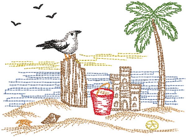 Seaside Sandcastle Vintage Sketch | Machine Embroidery Designs by JuJu