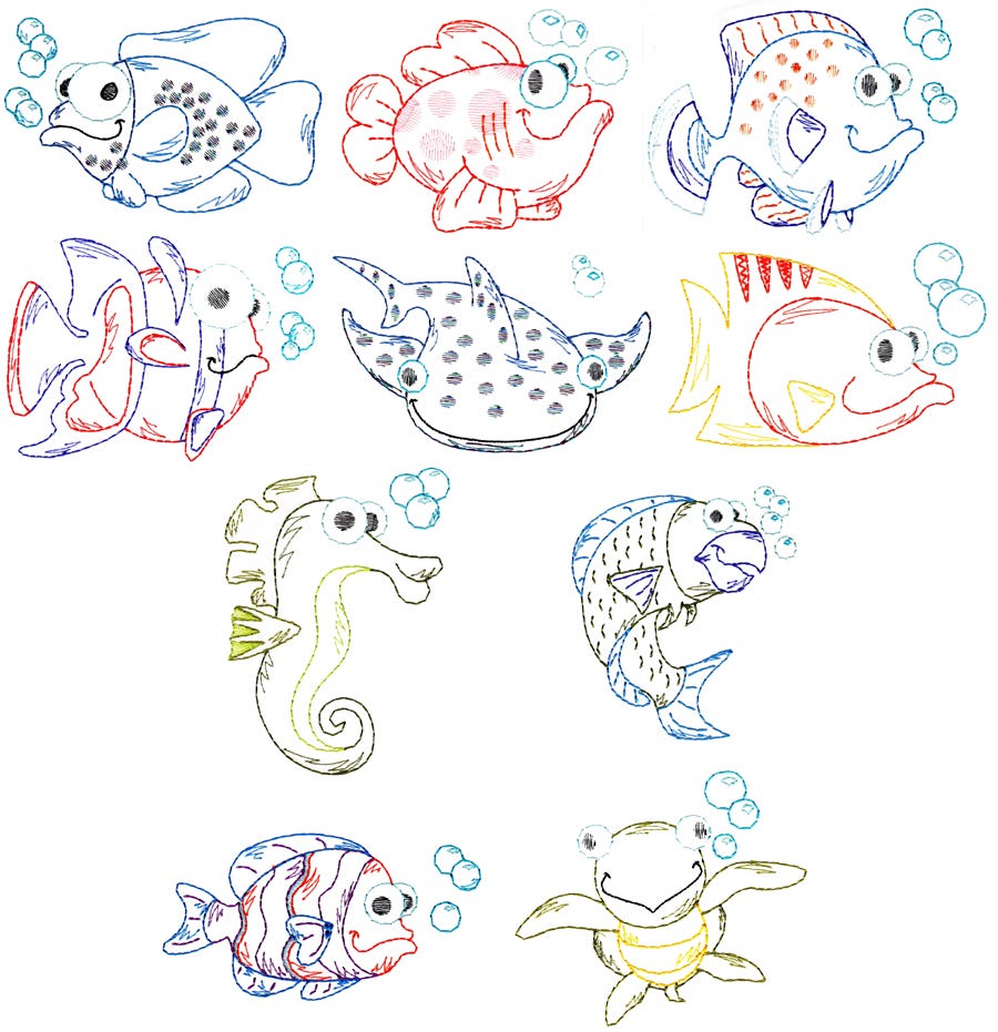 Silly Sea Creatures Vintage Stitch Machine Embroidery Designs by JuJu