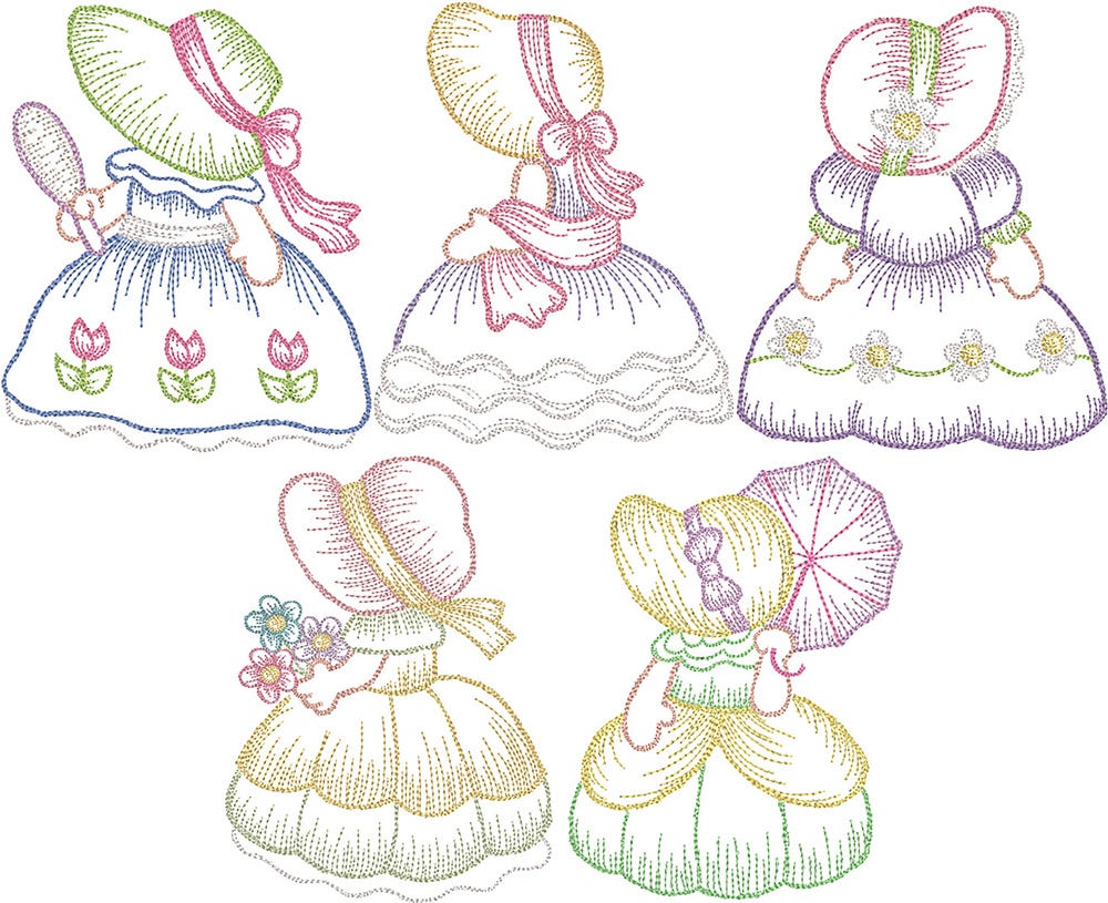 Sunbonnet Belles Vintage Sketch 1 | Machine Embroidery Designs by JuJu
