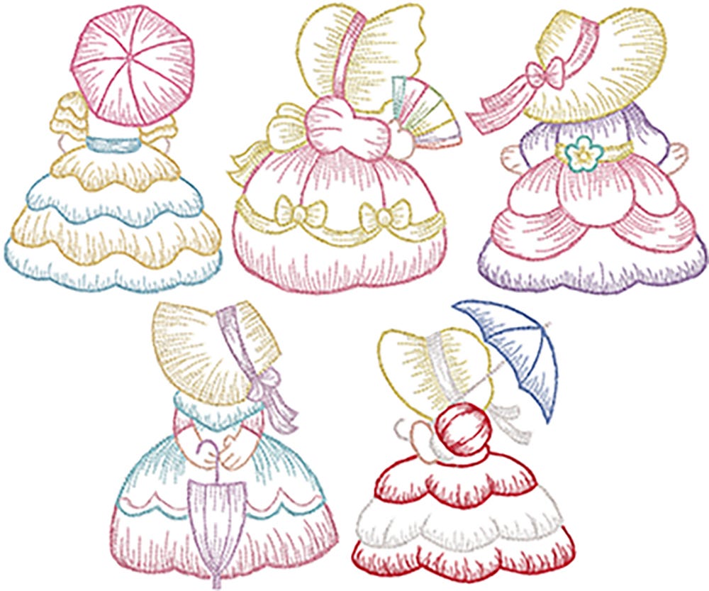 Sunbonnet Belles Vintage Sketch 2 | Machine Embroidery Designs by JuJu