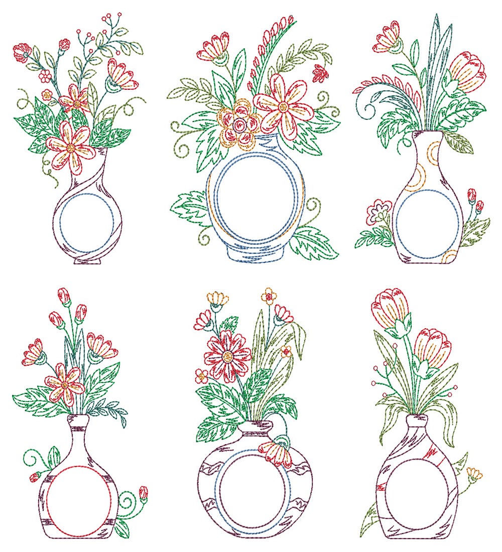 Vintage Floral Monogram Vases 1 | Machine Embroidery Designs by JuJu