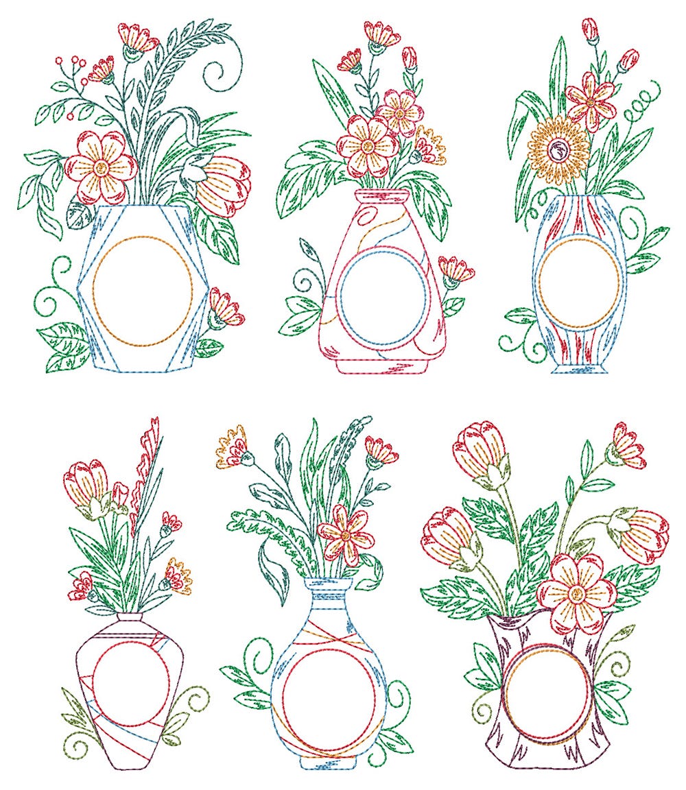 Vintage Floral Monogram Vases 2 | Machine Embroidery Designs by JuJu