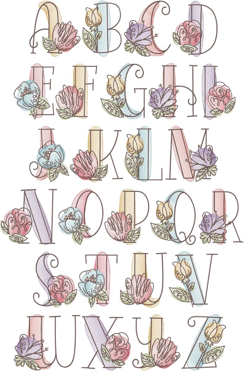 Vintage Sketch Blooming Alphabet | Machine Embroidery Designs by JuJu