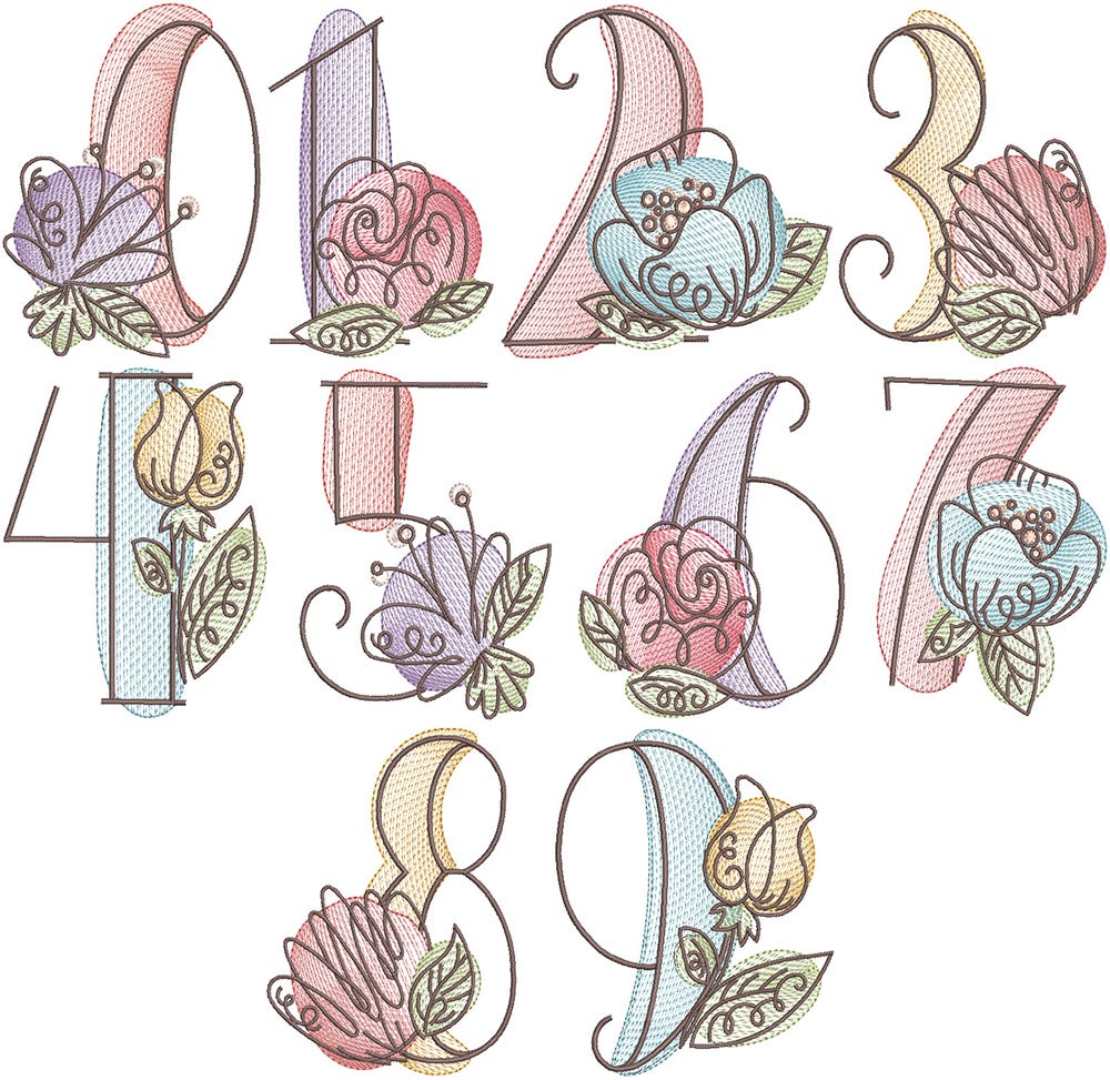 Vintage Sketch Blooming Numbers | Machine Embroidery Designs by JuJu