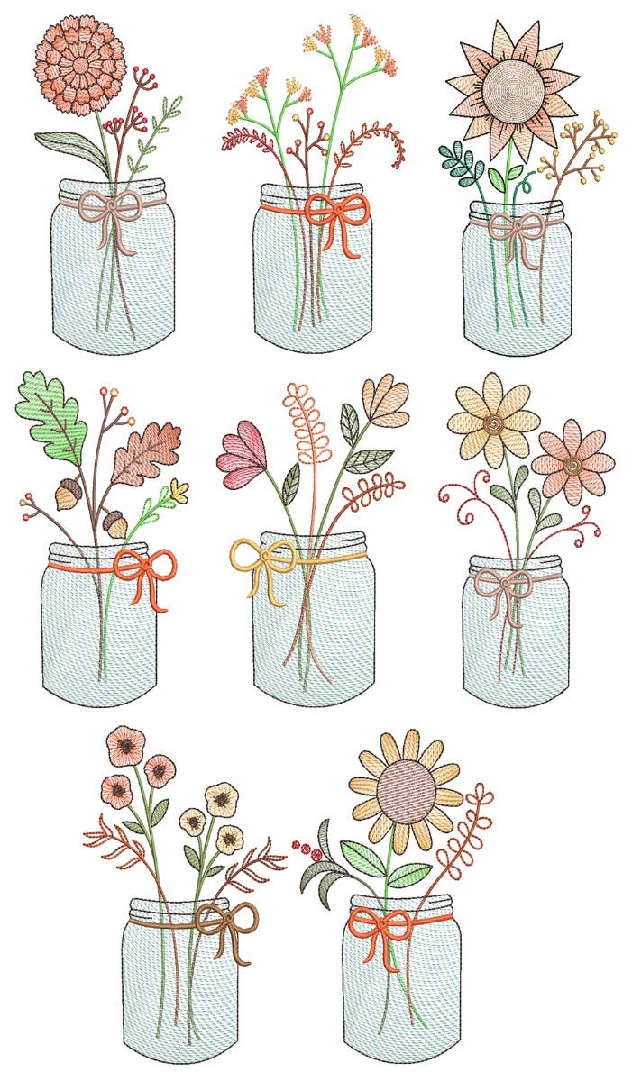 Vintage Sketch Fall Mason Jars Machine Embroidery Designs by JuJu
