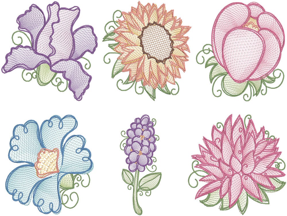 Vintage Sketch Flowers 3 Machine Embroidery Designs by JuJu