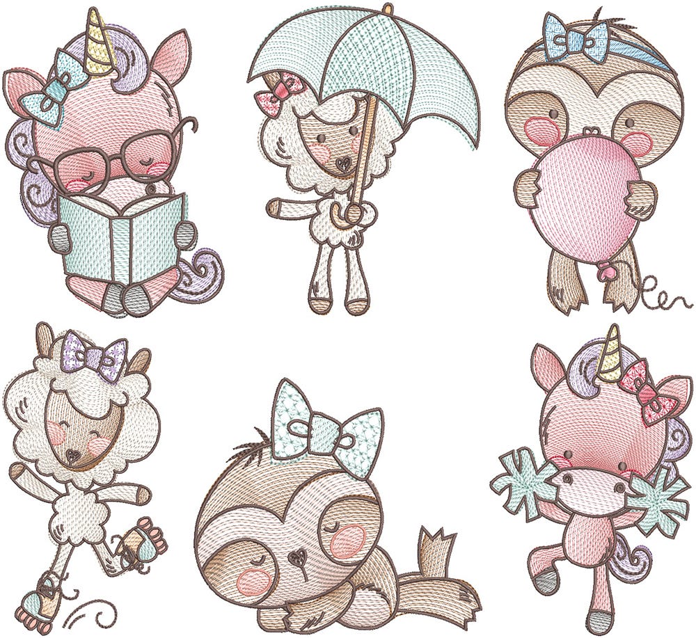 Vintage Sketch Girly Animals Machine Embroidery Designs by JuJu