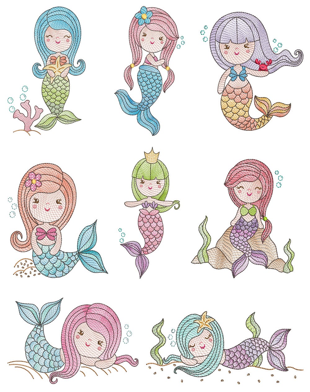Vintage Sketch Mermaids Machine Embroidery Designs By JuJu