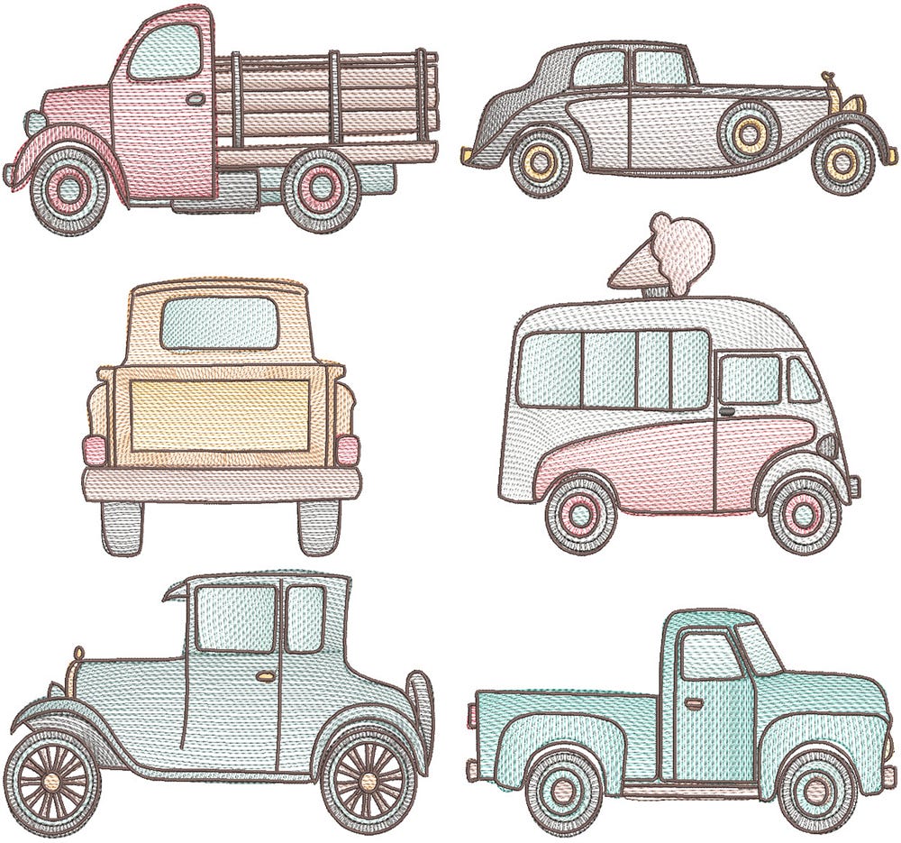 Vintage Sketch Vehicles Machine Embroidery Designs by JuJu