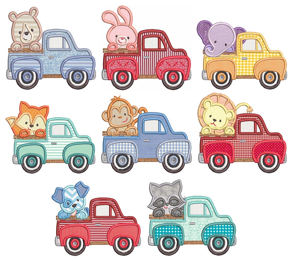 Vintage Truck Animals Applique Machine Embroidery Designs by JuJu 
