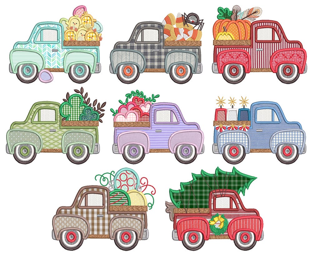 Vintage Truck Holidays Applique Machine Embroidery Designs by JuJu 
