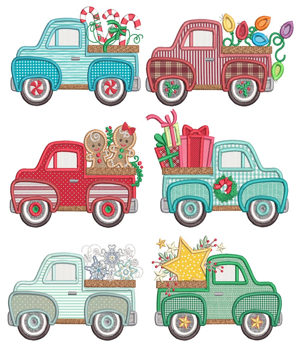 Vintage Trucks Christmas Applique Machine Embroidery Designs by JuJu