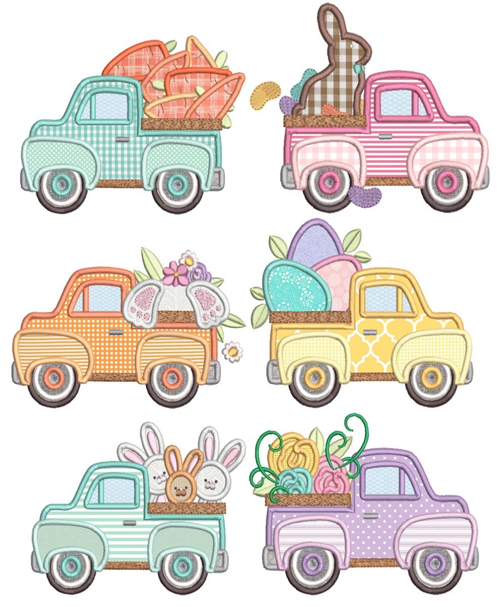 Vintage Easter Trucks Applique Machine Embroidery Designs by JuJu 
