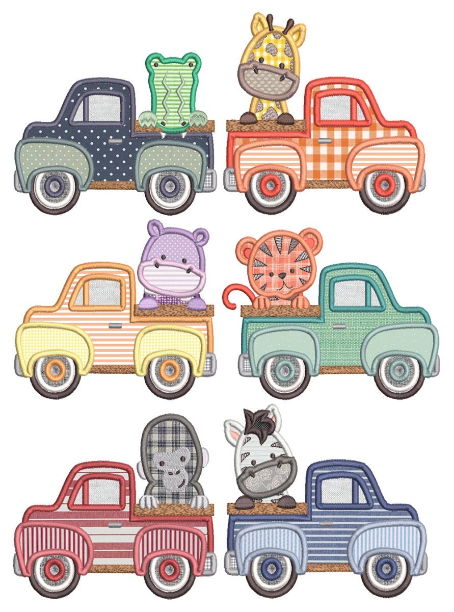 Vintage Trucks Jungle Animals Machine Embroidery Designs by JuJu