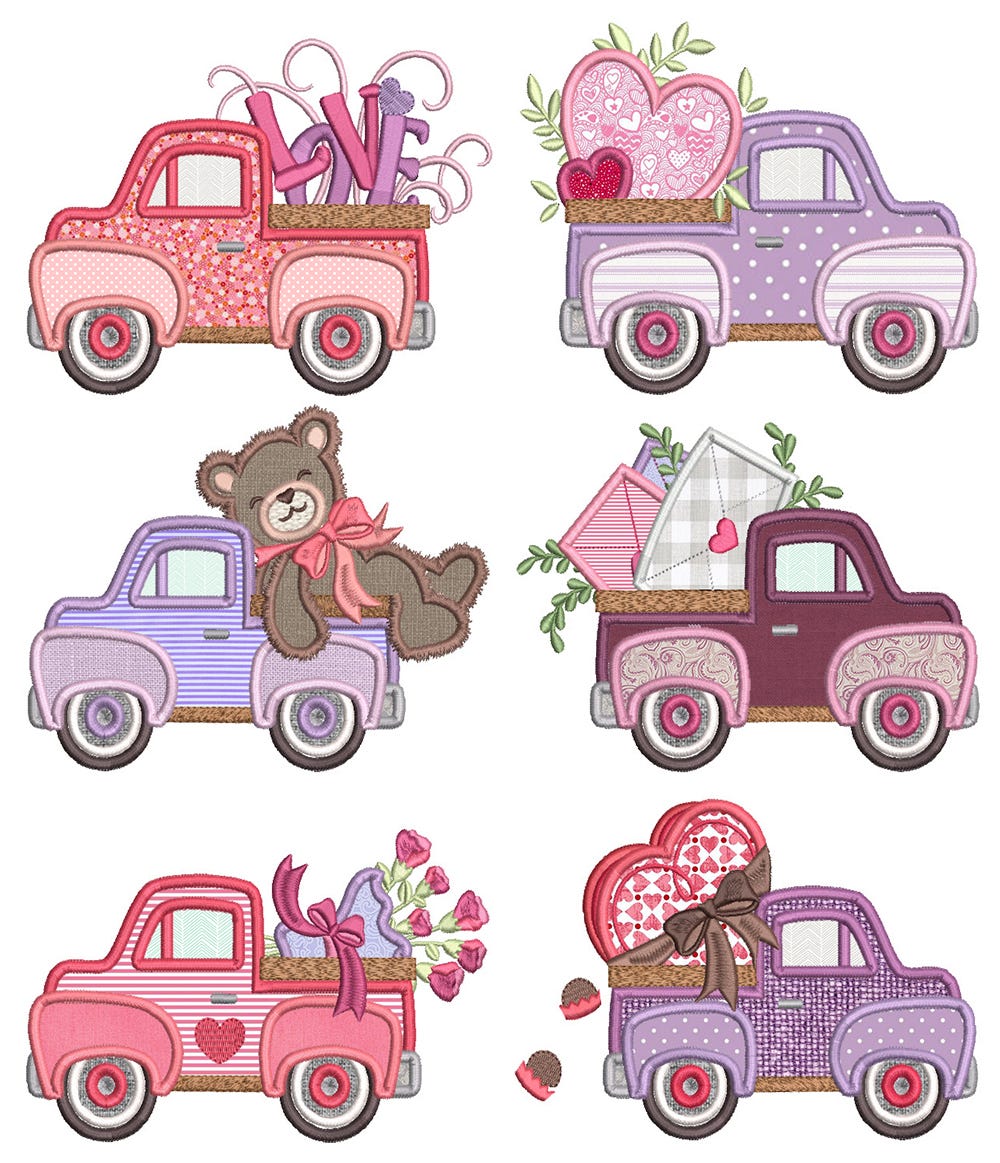 Vintage Valentine Trucks Applique Machine Embroidery Designs by JuJu 