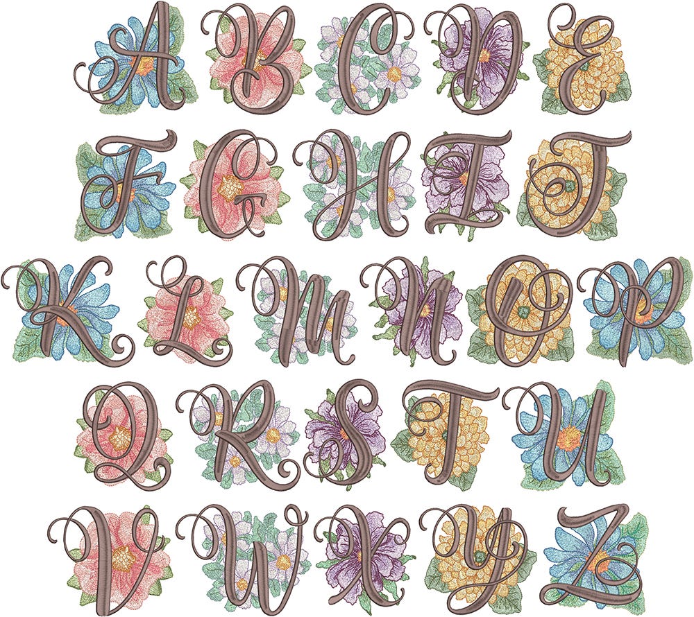 Watercolor Flowers Alphabet | Machine Embroidery Designs by JuJu