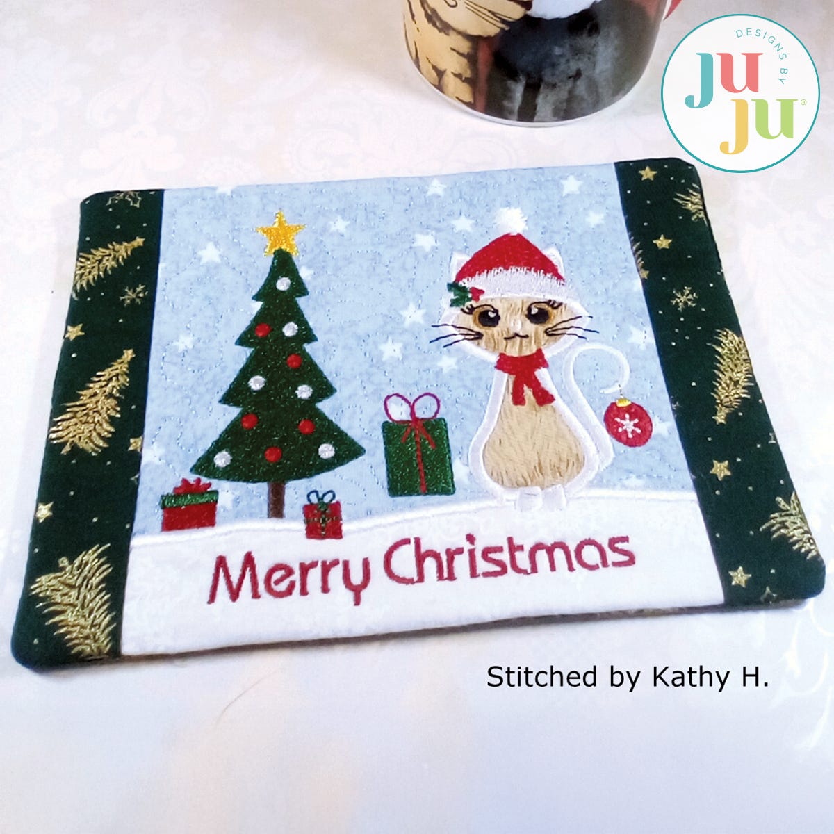 Christmas Cat Mug Rug by Oma's Place | Machine Embroidery Designs by JuJu