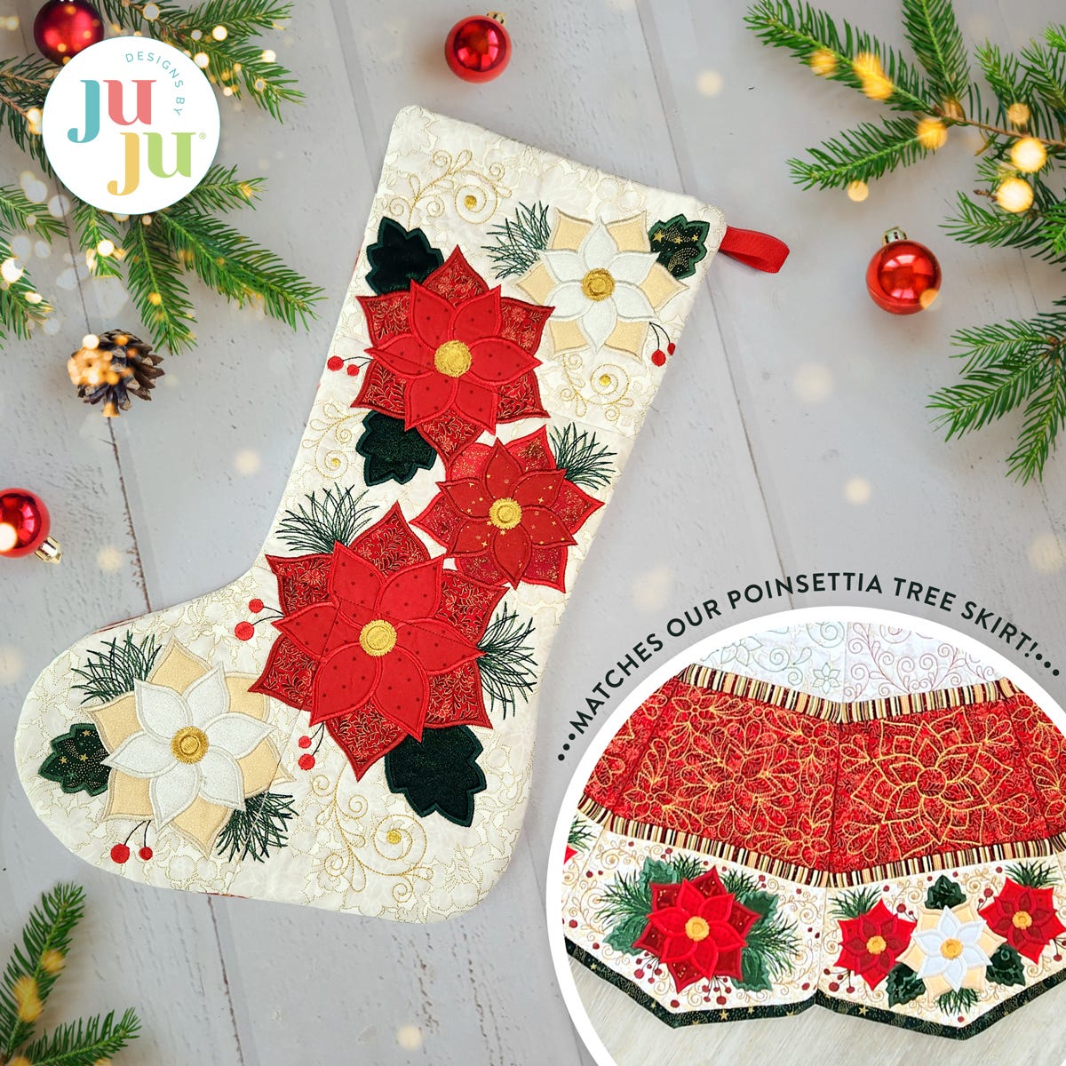  In The Hoop Elegant Poinsettia Stocking Project | Machine Embroidery Designs by JuJu
