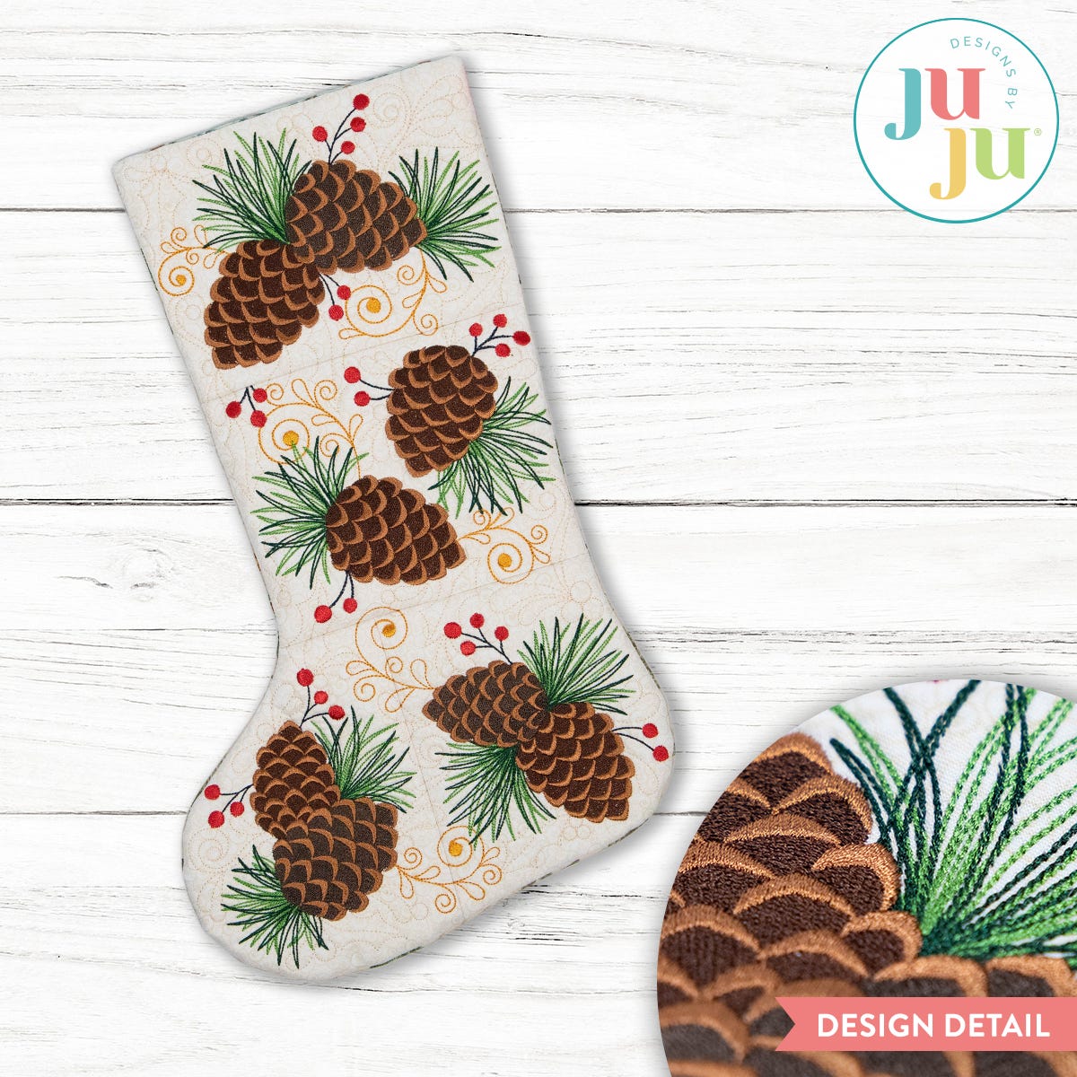 In The Hoop Elegant Pinecone Stocking Project | Machine Embroidery Designs by JuJu