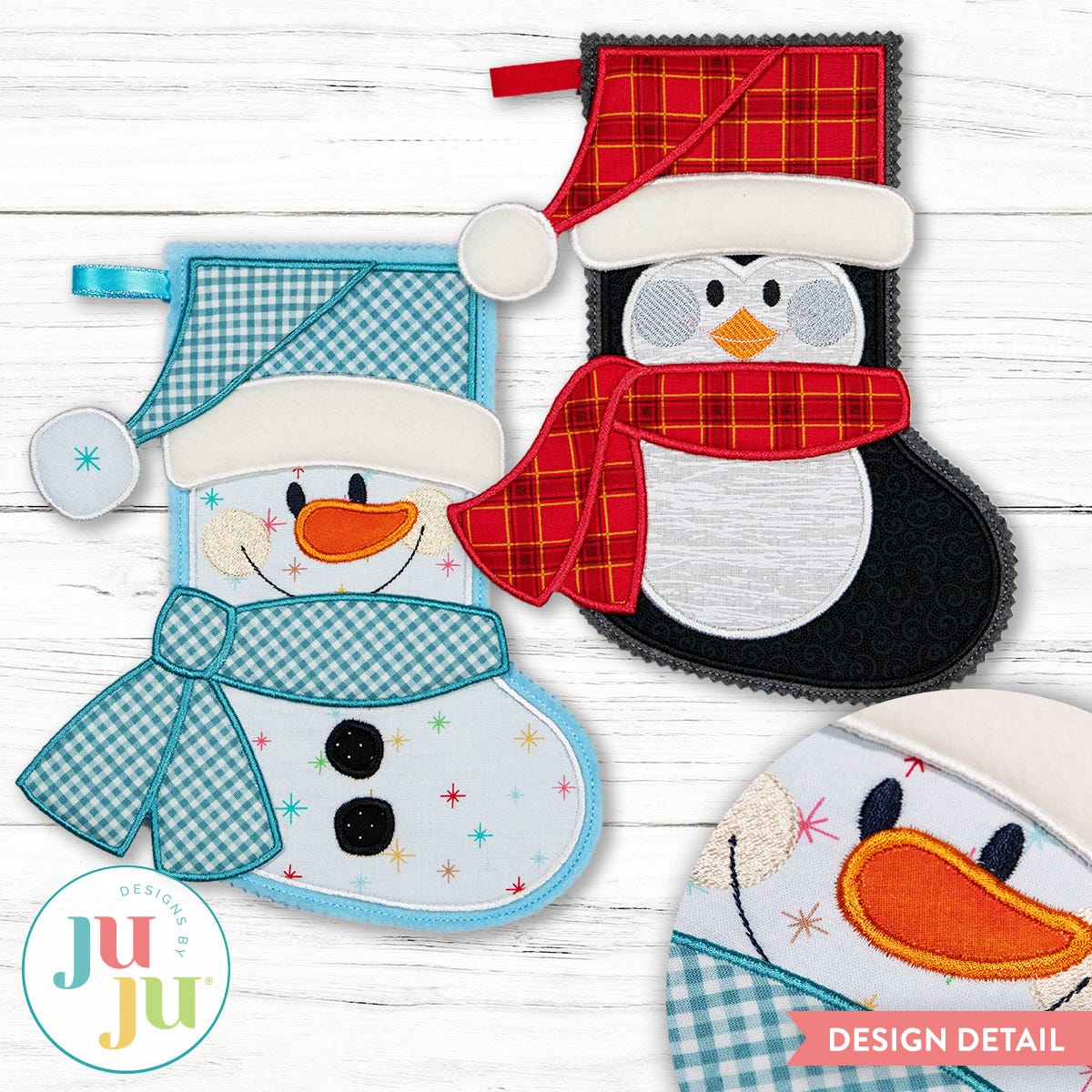In The Hoop Penguin and Snowman Stockings Project | Machine Embroidery Designs by JuJu