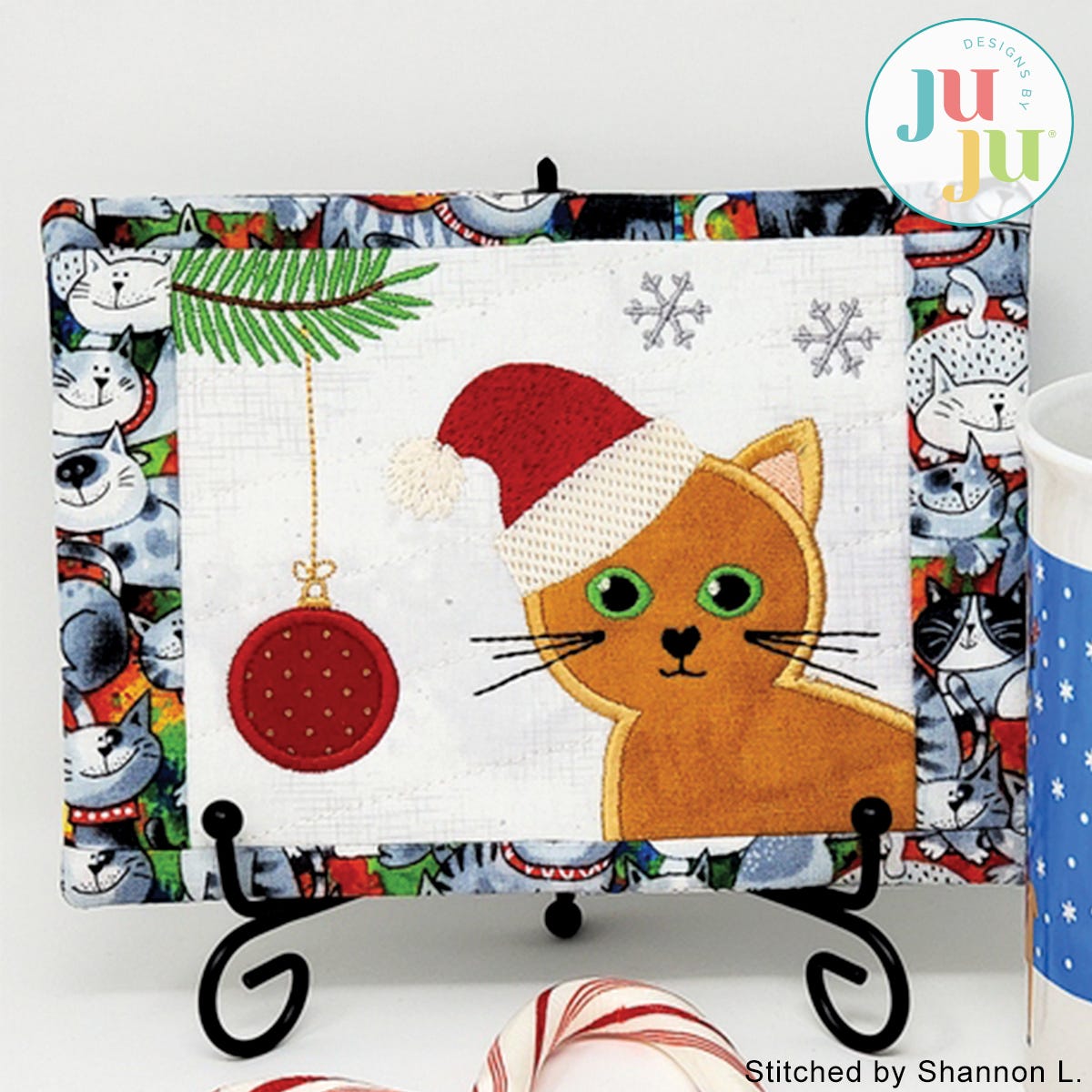 Christmas Kitty Mug Rug 2 by Oma's Place | Machine Embroidery Designs by JuJu