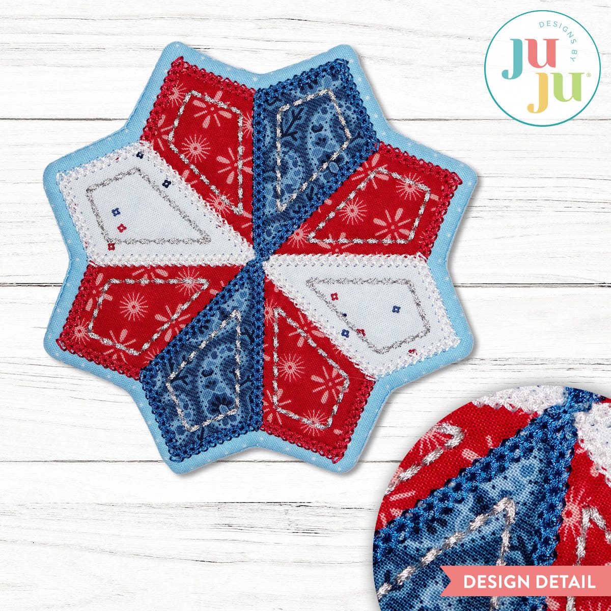 In The Hoop Pieced Star Mug Rug Project | Machine Embroidery Designs by JuJu