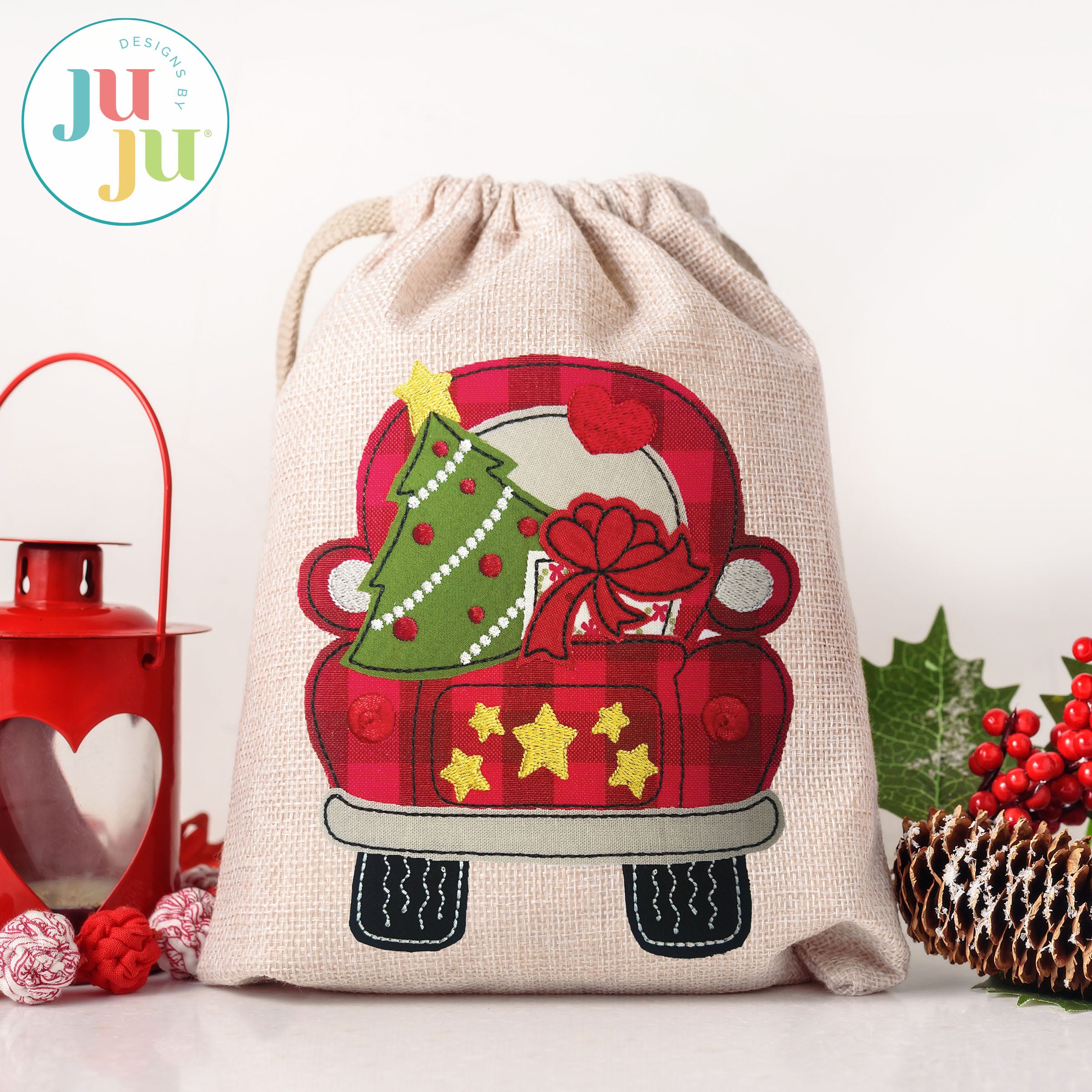 Christmas Trucks Applique Bean Stitch Embroidery Set | Machine Embroidery Designs by JuJu