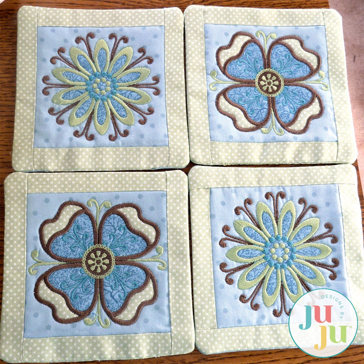 In The Hoop Modern Flower Coasters Project by Oma's Place | Machine Embroidery Designs by JuJu