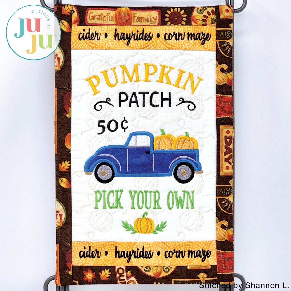 In The Hoop Pumpkin Truck Mini Quilt Project by Oma's Place | Machine Embroidery Designs by JuJu