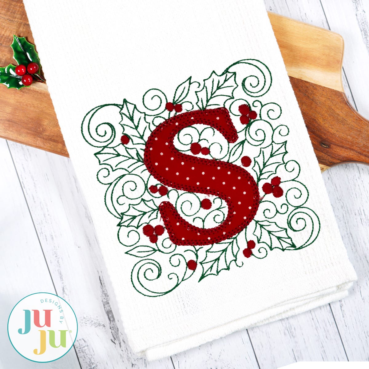 Elegant Holly Christmas Motif Stitch Applique Monogram Embroidery Font | Machine Embroidery Designs by JuJu