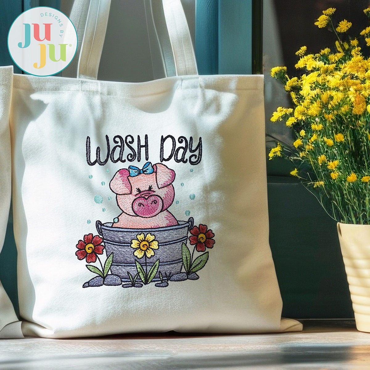 Pig Wash Day Word Art Embroidery Design | Machine Embroidery Designs by JuJu