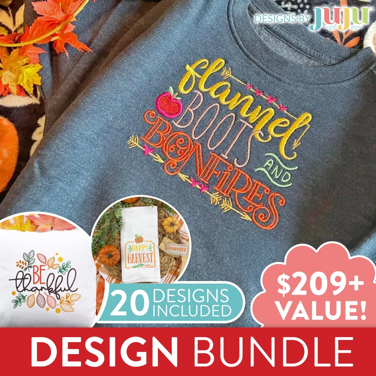 Fall Word Art Embroidery Designs Bundle