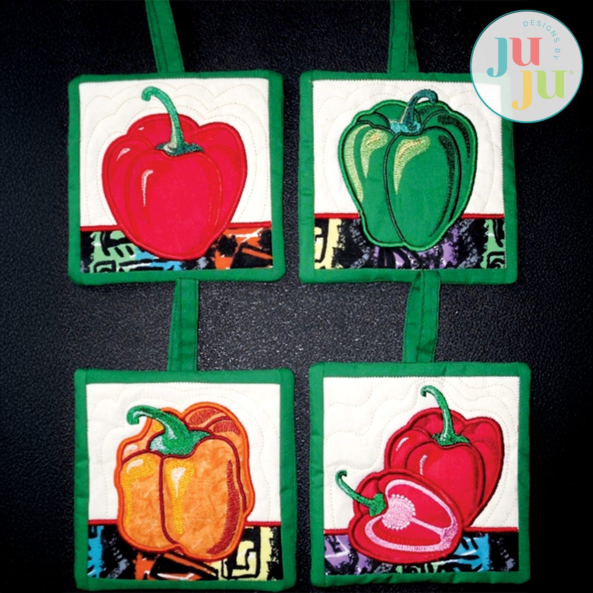 In The Hoop Pepper Potholders Project by Oma's Place | Machine Embroidery Designs by JuJu