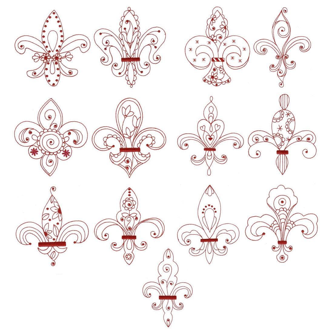 Fleur De Lis Redwork Machine Embroidery Designs by JuJu 
