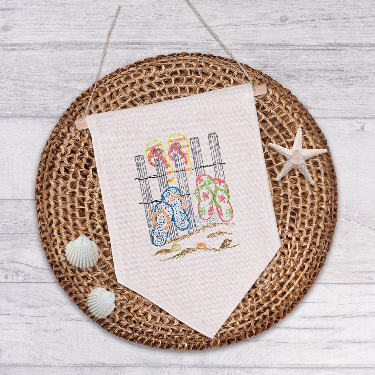 Seaside Flip Flops Vintage Sketch | Machine Embroidery Designs by JuJu	