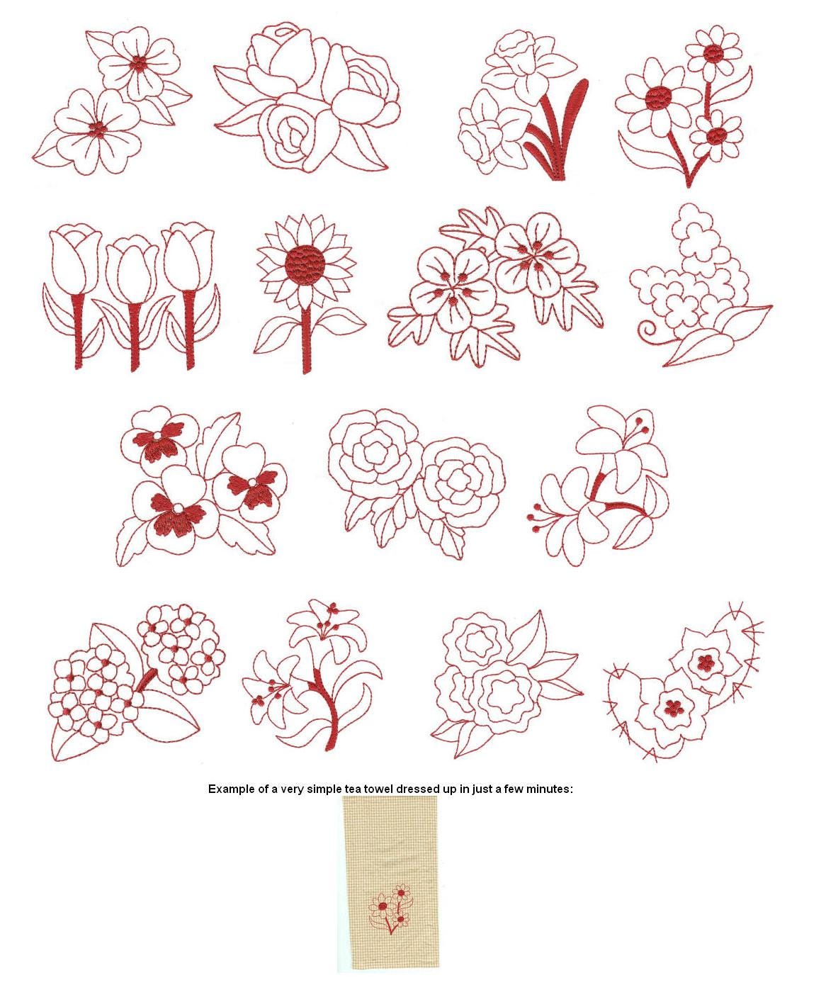 Beautiful Blossoms Redwork Machine Embroidery Designs by JuJu