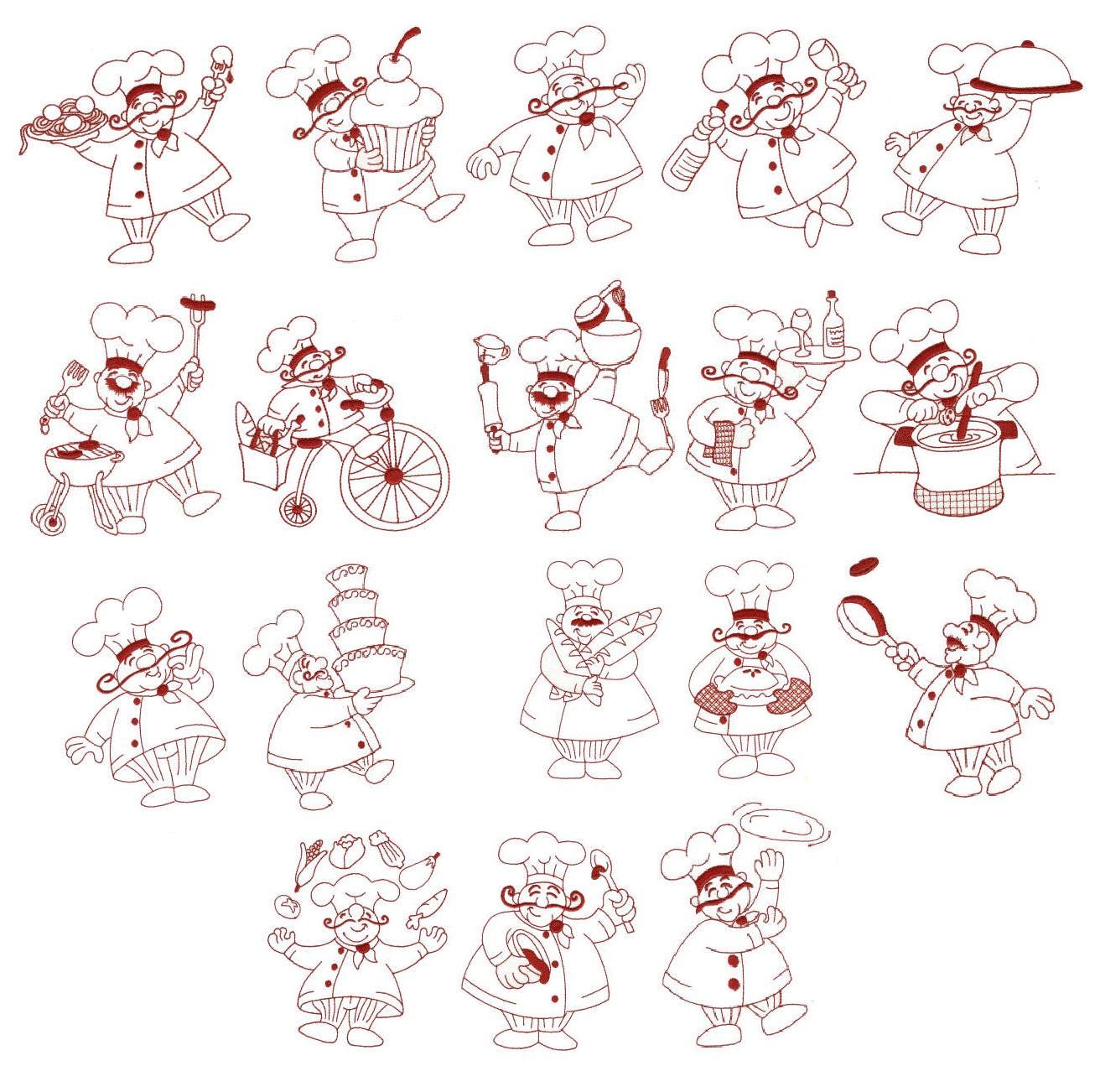 Bon Appetit French Chef  Redwork Machine Embroidery Designs by JuJu