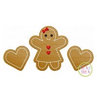 Gingerbread Girl Hearts Trio Sketch | Machine Embroidery Designs by JuJu