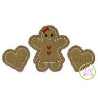 Gingerbread Girl Hearts Trio Zig Zag Applique | Machine Embroidery Designs by JuJu