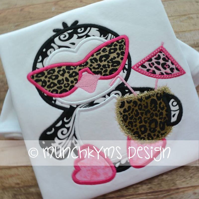 Penguin Girl Coconut Drink Applique | Machine Embroidery Designs by JuJu