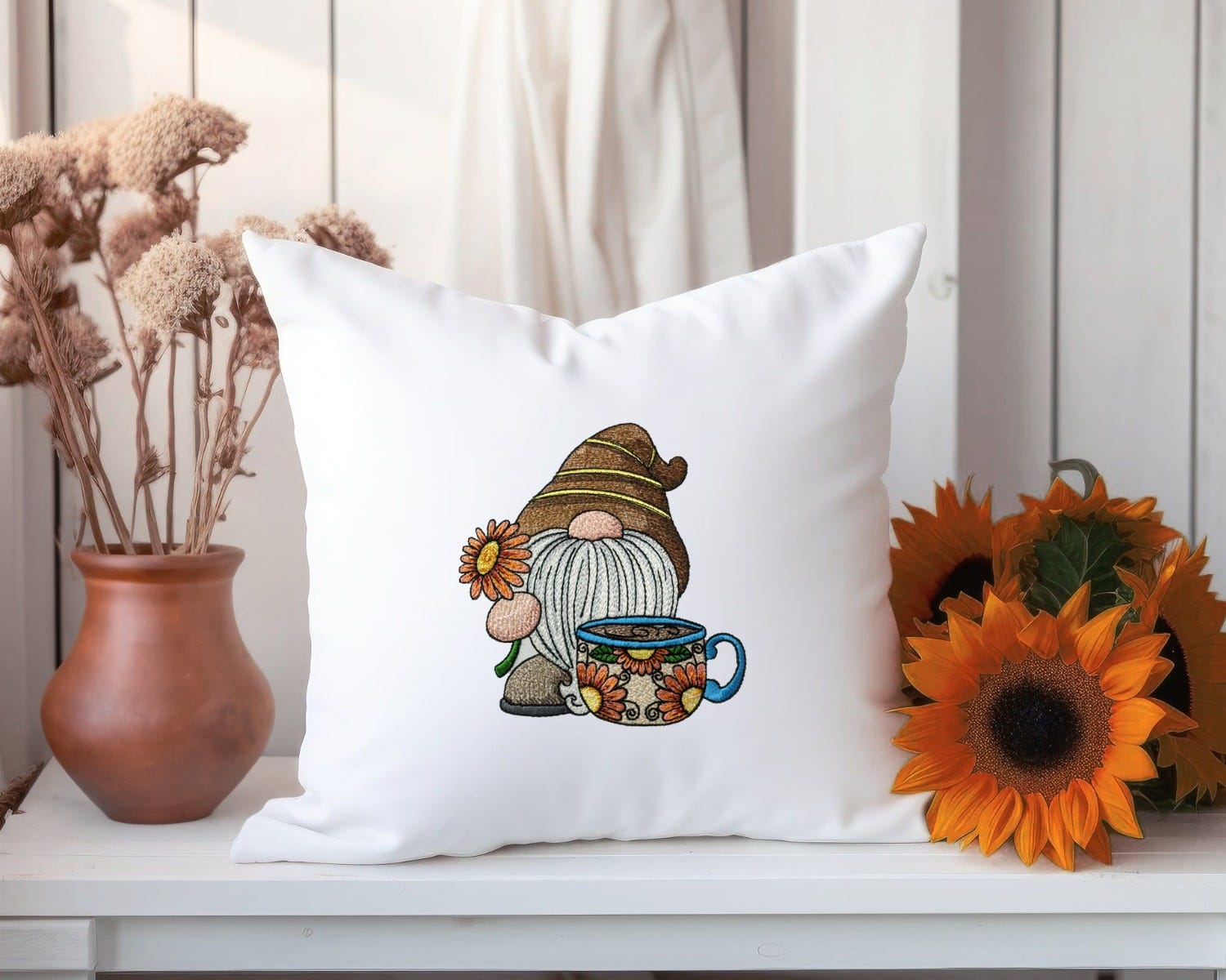 Coffee Gnome Flower Mug | Machine Embroidery Designs by JuJu